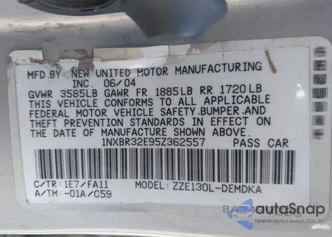 2005 Toyota Corolla Ce z USA, uszkodzony, nr VIN 1NXBR32E95Z362557